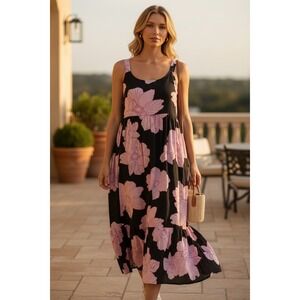 Floral Midi Dress XL Black Pink Empire Waist Boho Flowy Cottagecore Romantic